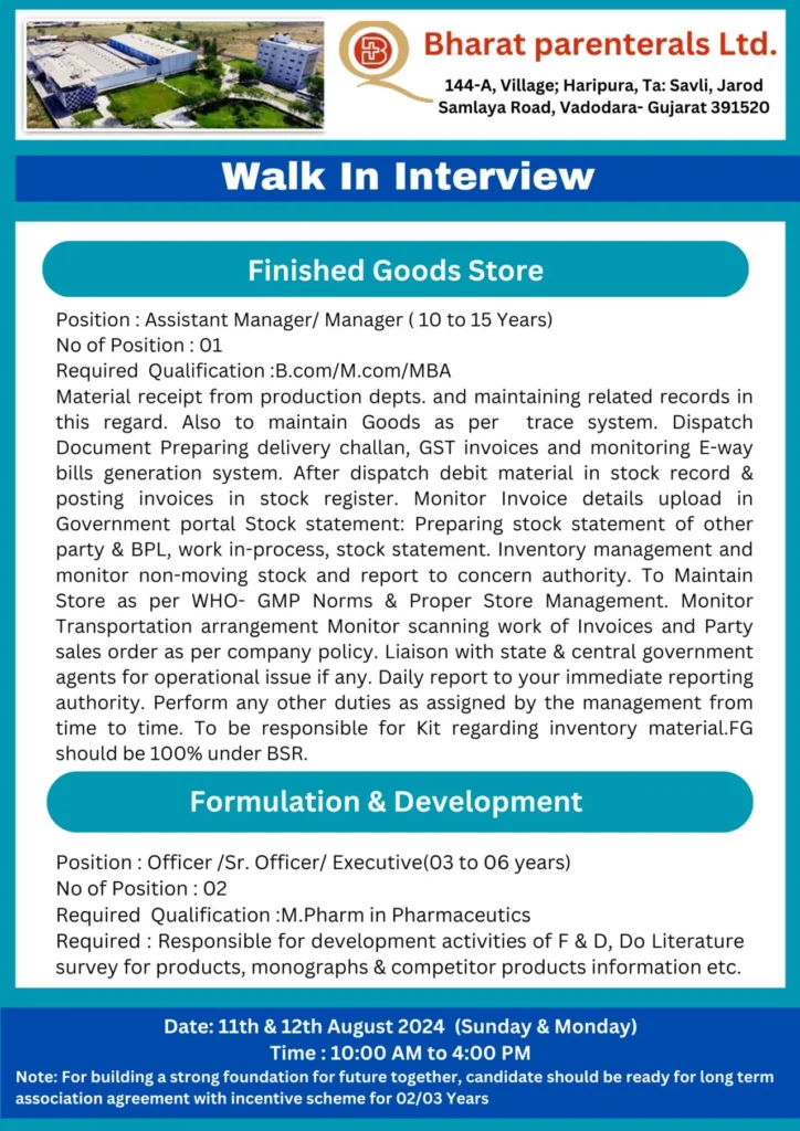 Bharat Parenterals Walk in Drive Notification 1