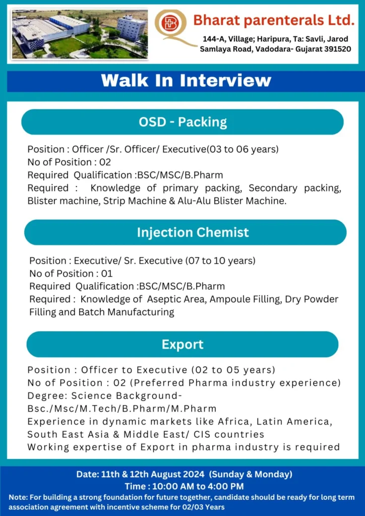 Bharat Parenterals Walk in Drive Notification 2