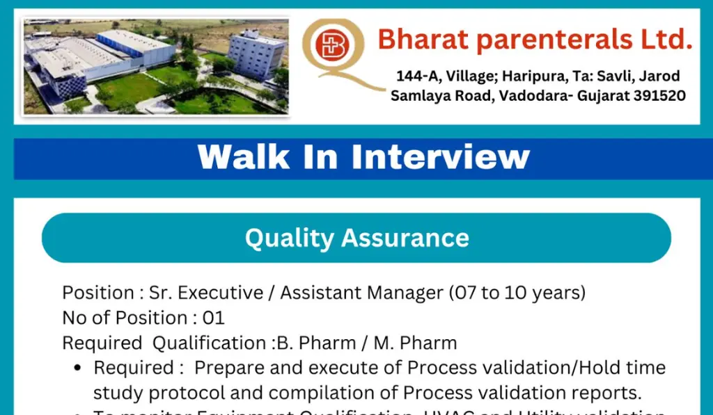 Bharat Parenterals Walk in Drive Notification