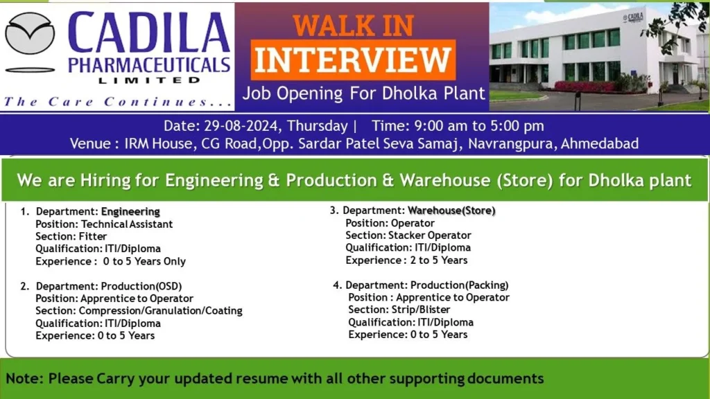 Cadila Pharmaceuticals Walk-In Interview Notification