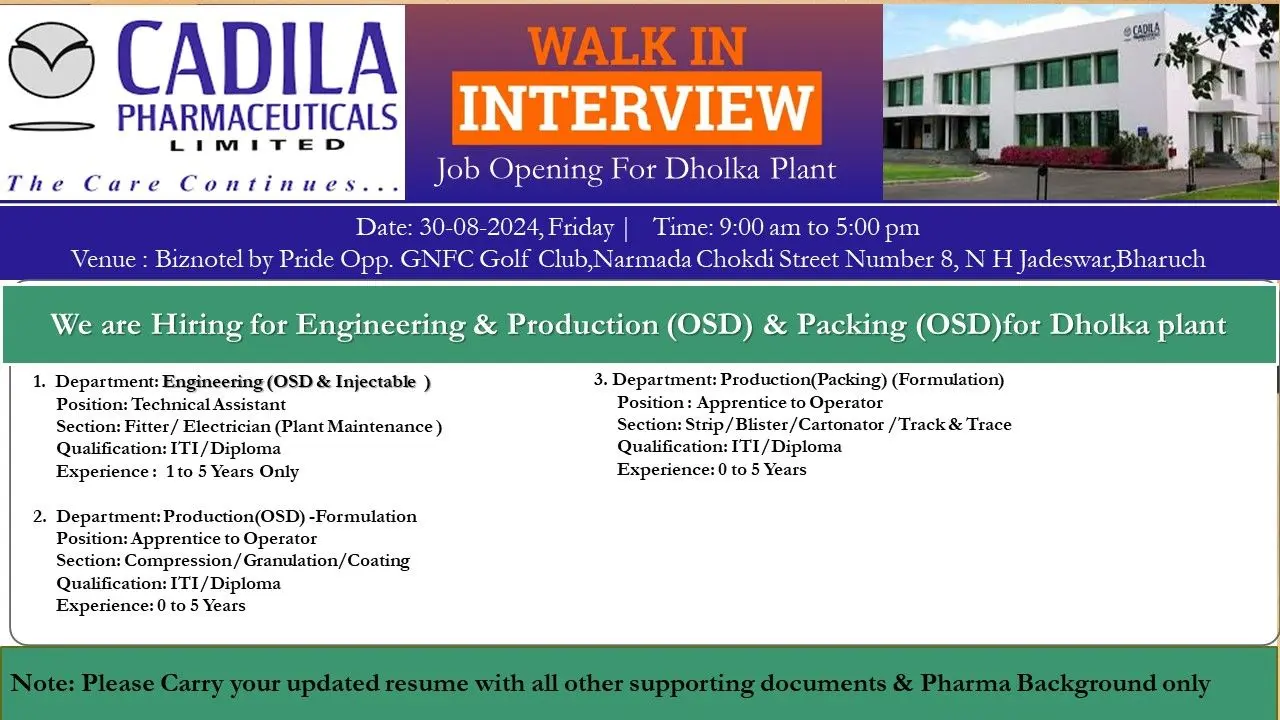 Cadila Pharmaceuticals Walk-In Interview
