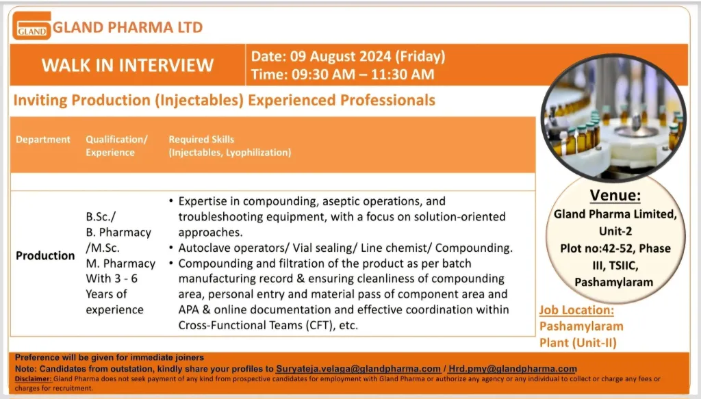 Gland Pharma Ltd Walk-in Interview