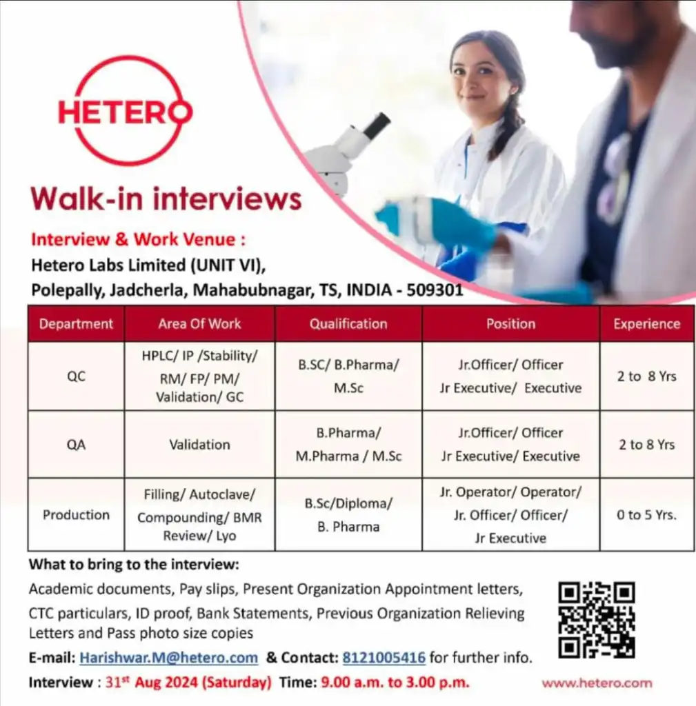 Hetero Labs Walk-In Interview