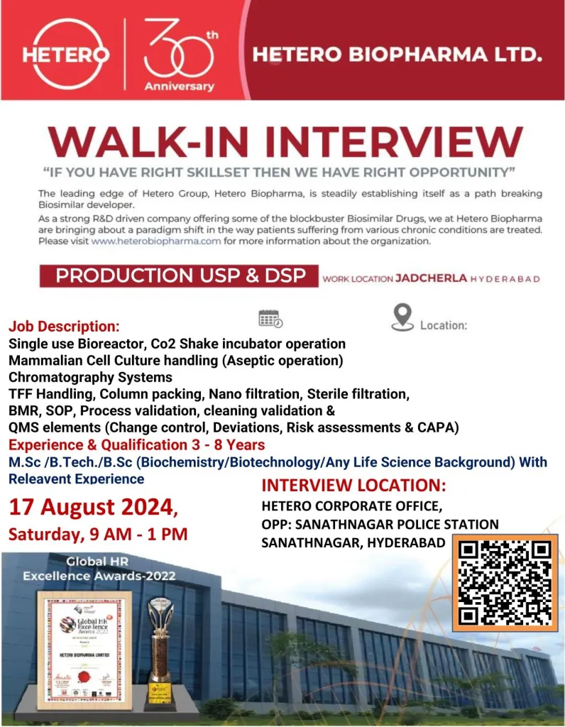 Hetero Biopharma Walk-In Interviews