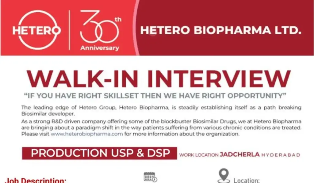 Hetero Biopharma Walk-In Interviews