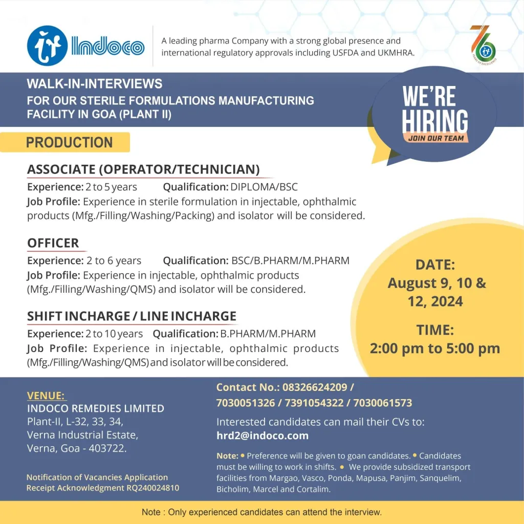 Indoco Remedies Walk in Notification