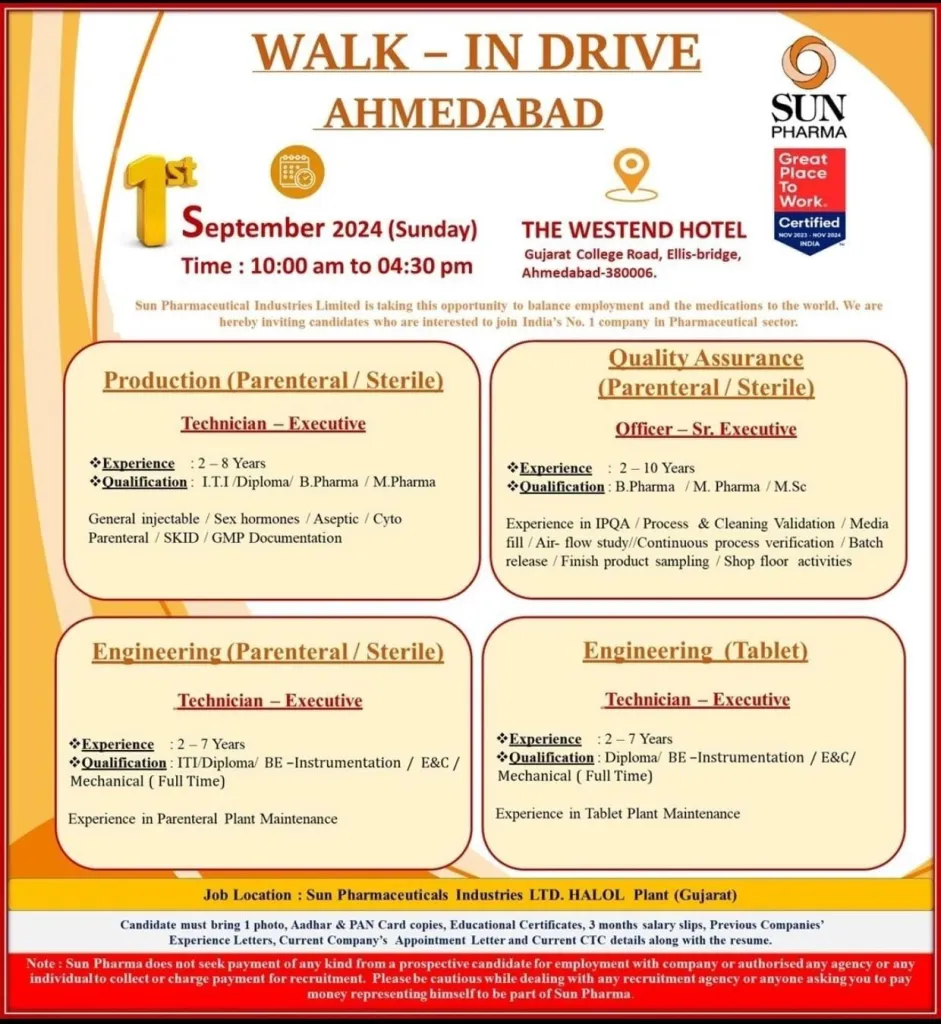 Sun Pharma Walk-in Notification