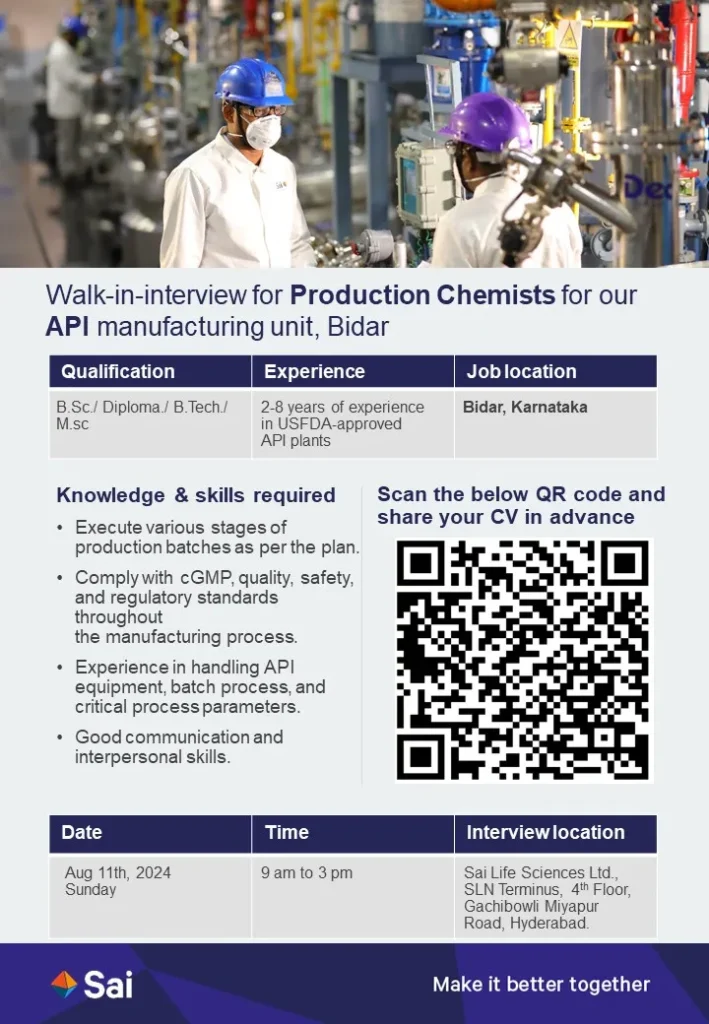 Sai Life Sciences – Walk-In Interview