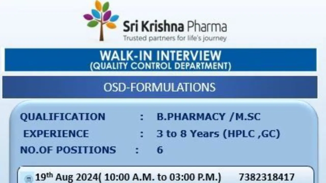 Sri Krishna Pharmaceuticals Walk in Notification