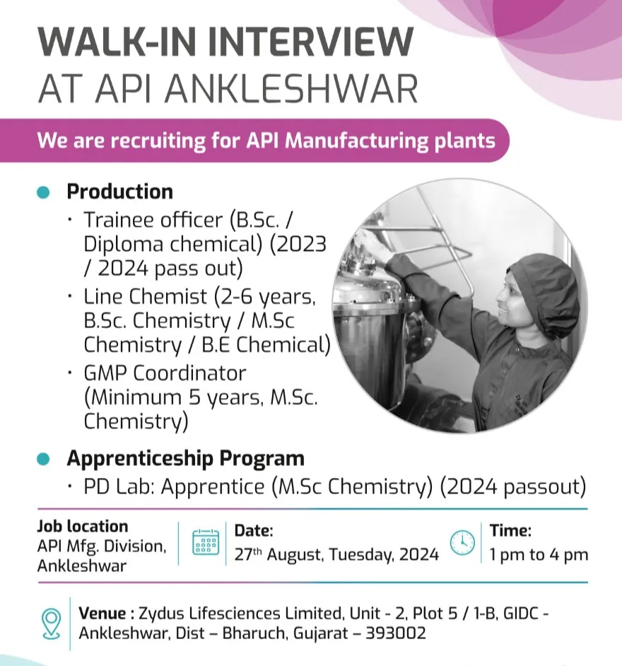 Zydus Lifesciences Walk in Drive Notification