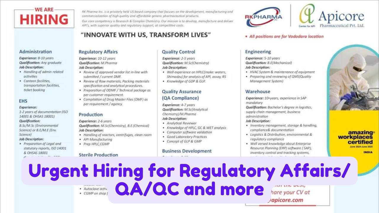 Apicore Pharmaceuticals Opening for Multiple Openings