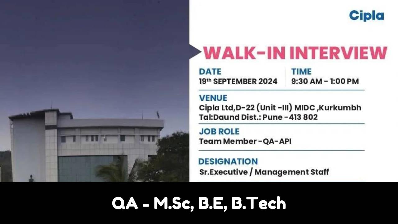 Cipla Limited Hiring for QA - M.Sc, B.E, B.Tech