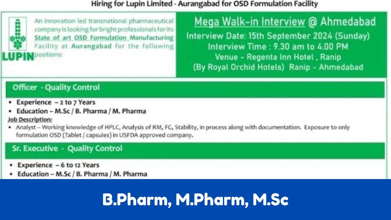 Lupin Limited – Walk-In Drive for B.Pharm, M.Pharm, M.Sc