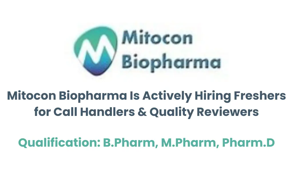 Mitocon Biopharma Hiring Freshers