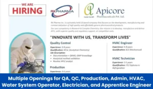 Apicore Pharmaceuticals Pvt. Ltd – Multiple Openings
