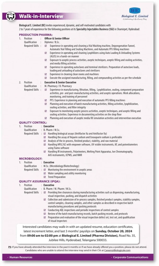 Biological E. Limited Walk-In Interview