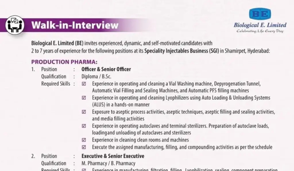 Biological E. Limited Walk-In Interview