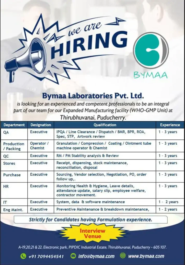 Bymaa Laboratories Hiring