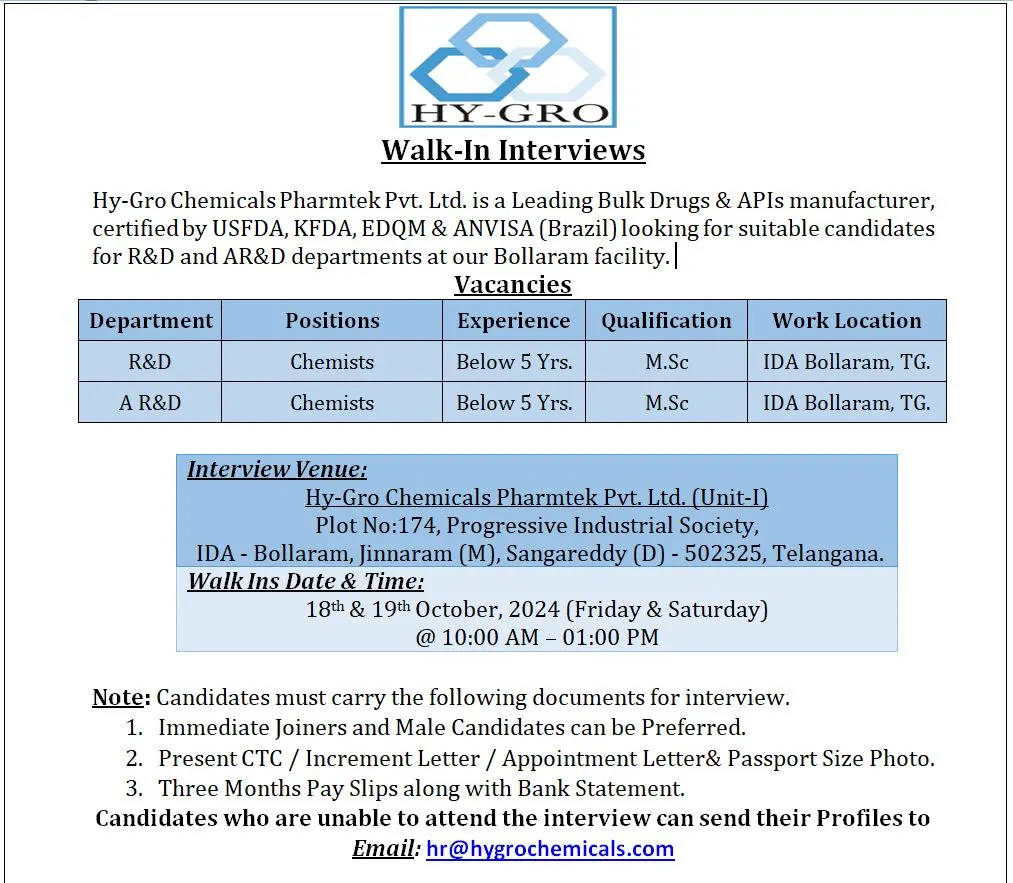 Hy-Gro Chemicals Hiring