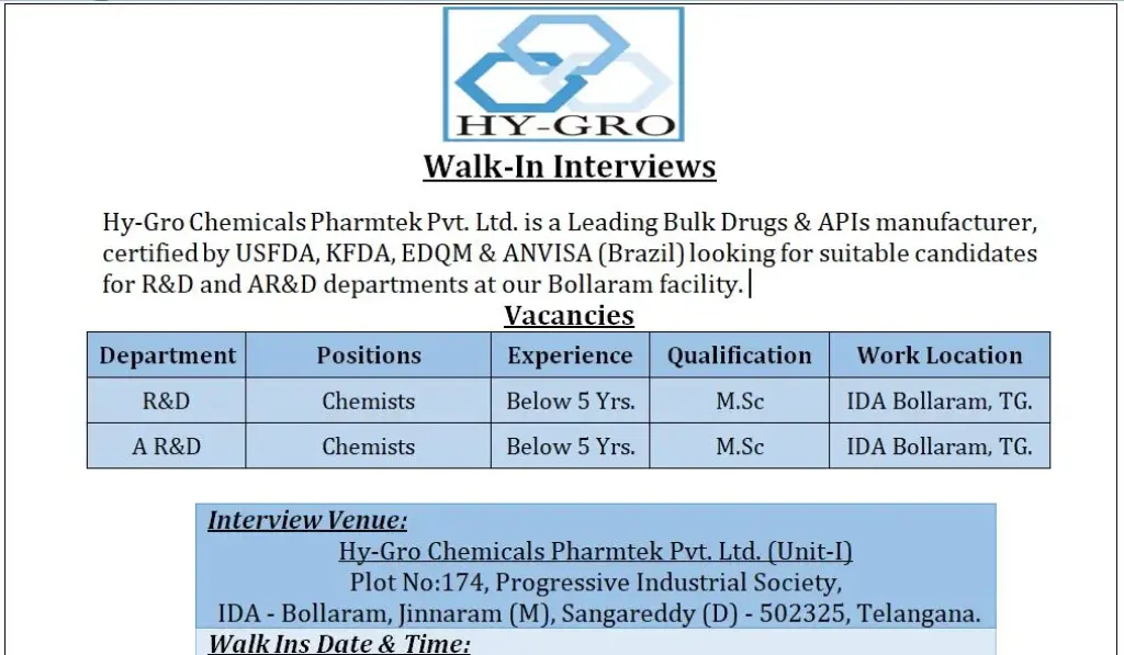 Hy-Gro Chemicals Hiring
