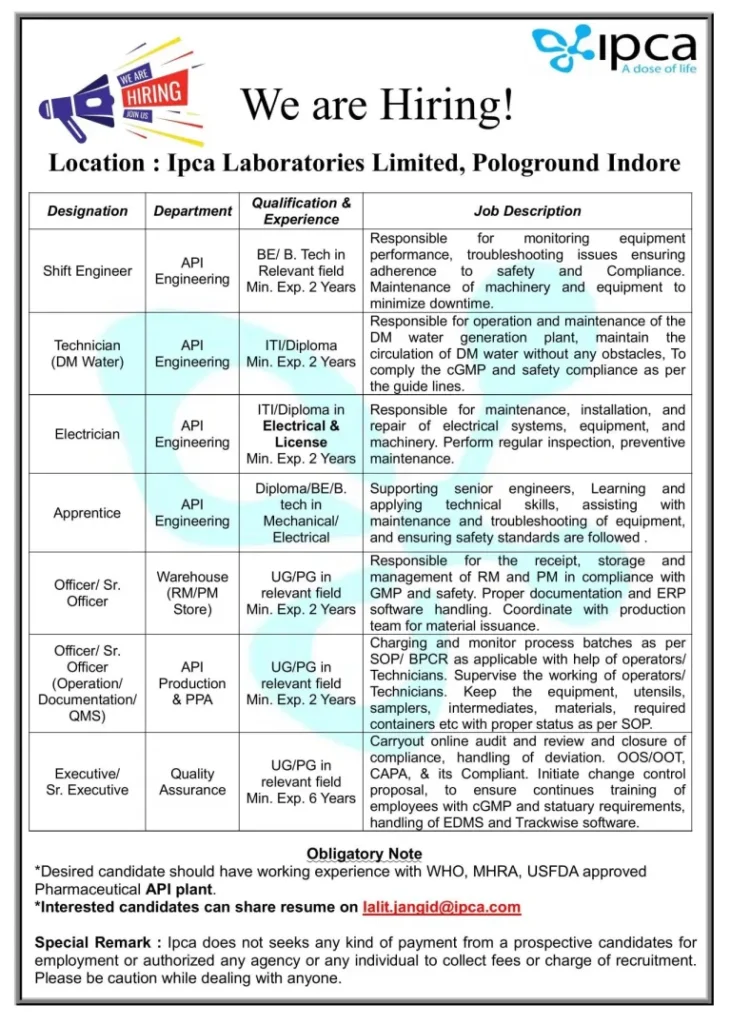Ipca Laboratories – Urgent Openings