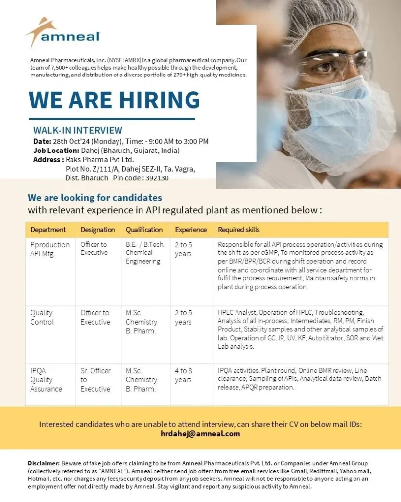 Raks Pharma (Amneal) – Walk-In Interviews