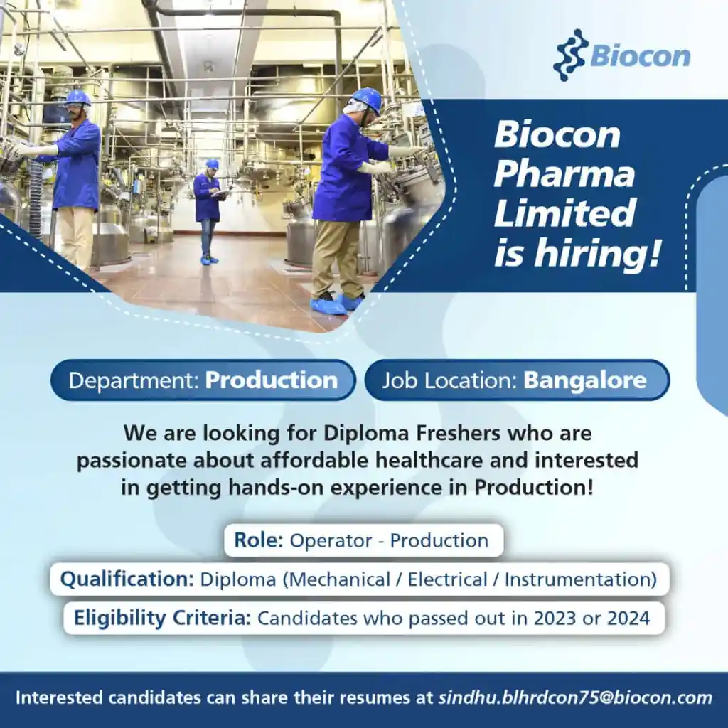 Biocon Limited Hiring Freshers