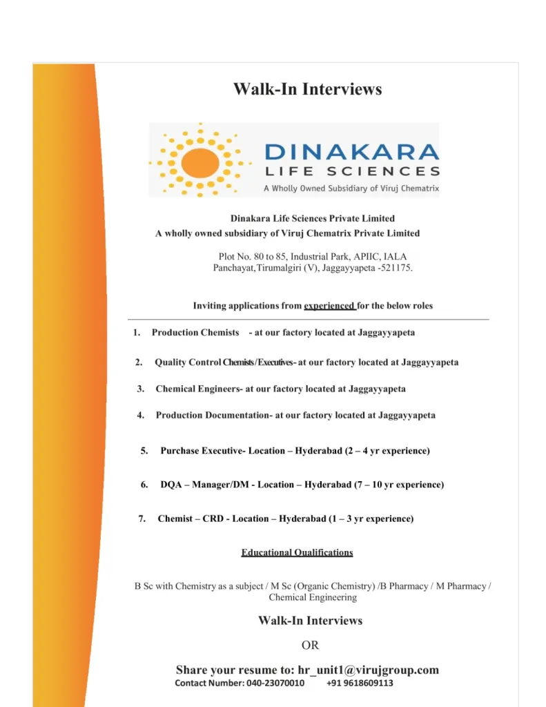 Dinakara Life Sciences – Multiple Positions