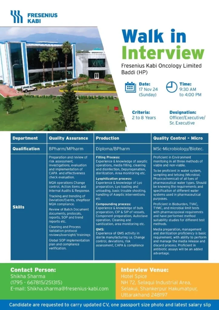 Fresenius Kabi Oncology Ltd – Walk-In Interview