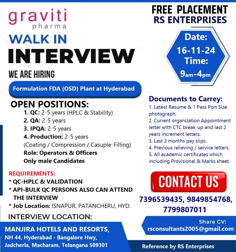 Graviti Pharma – Walk-In Interview