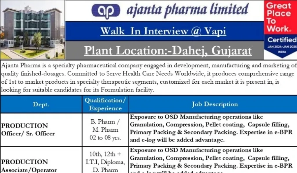 Ajanta Pharma Limited – Walk-In Interviews
