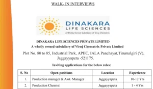 Dinakara Life Sciences – Walk-In Interviews