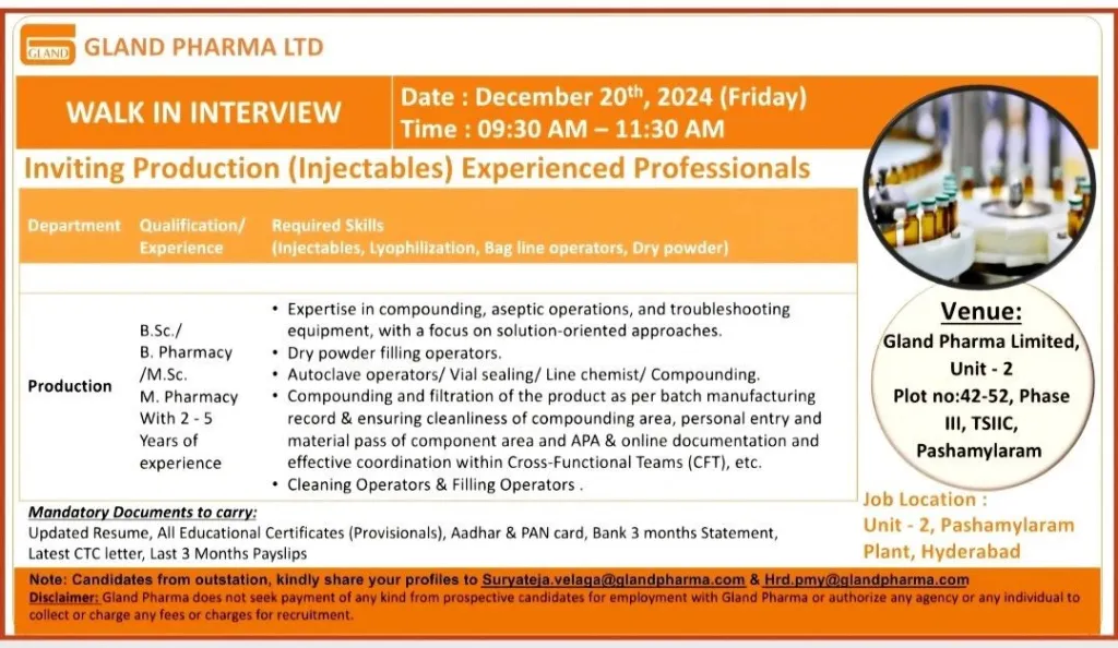 Gland Pharma Walk In Interview Notification
