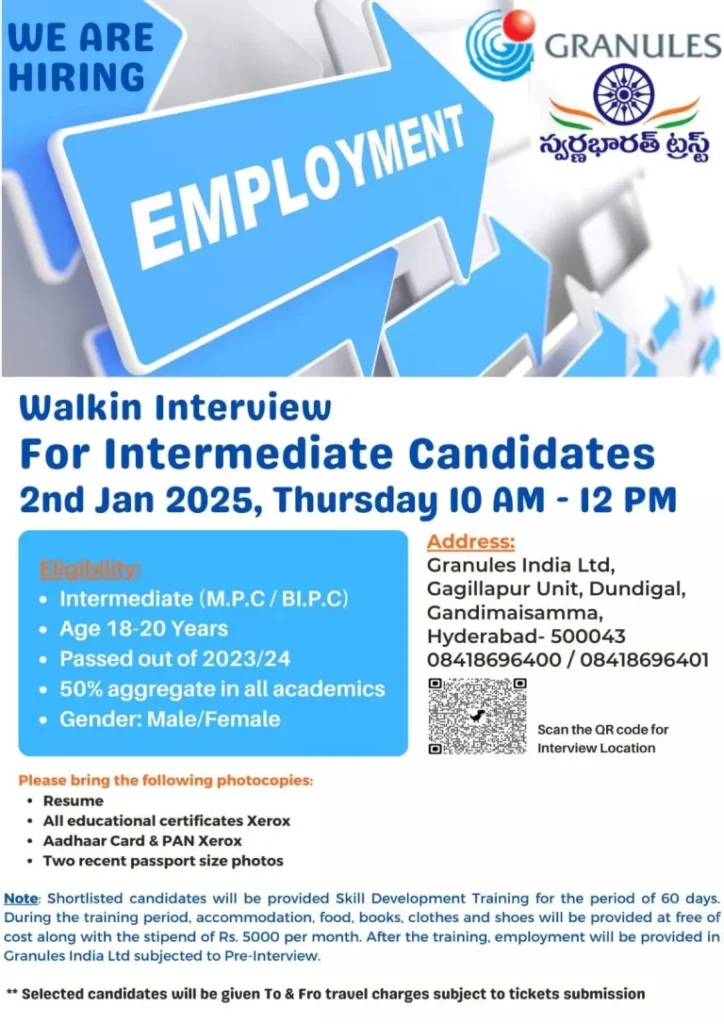 Granules India Limited Walk in Notification