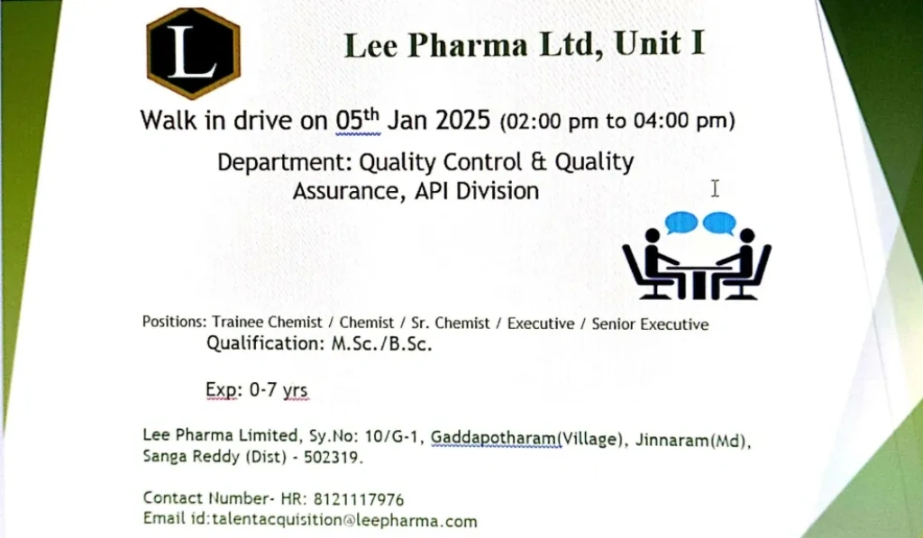 Lee Pharma – Walk-In Drive for Freshers & Experienced