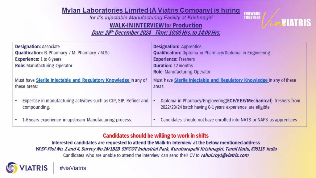 Mylan Laboratories – Walk-In Interview