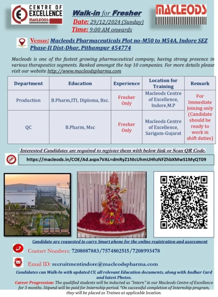 Macleods Pharmaceuticals – Walk-In Drive for Freshers