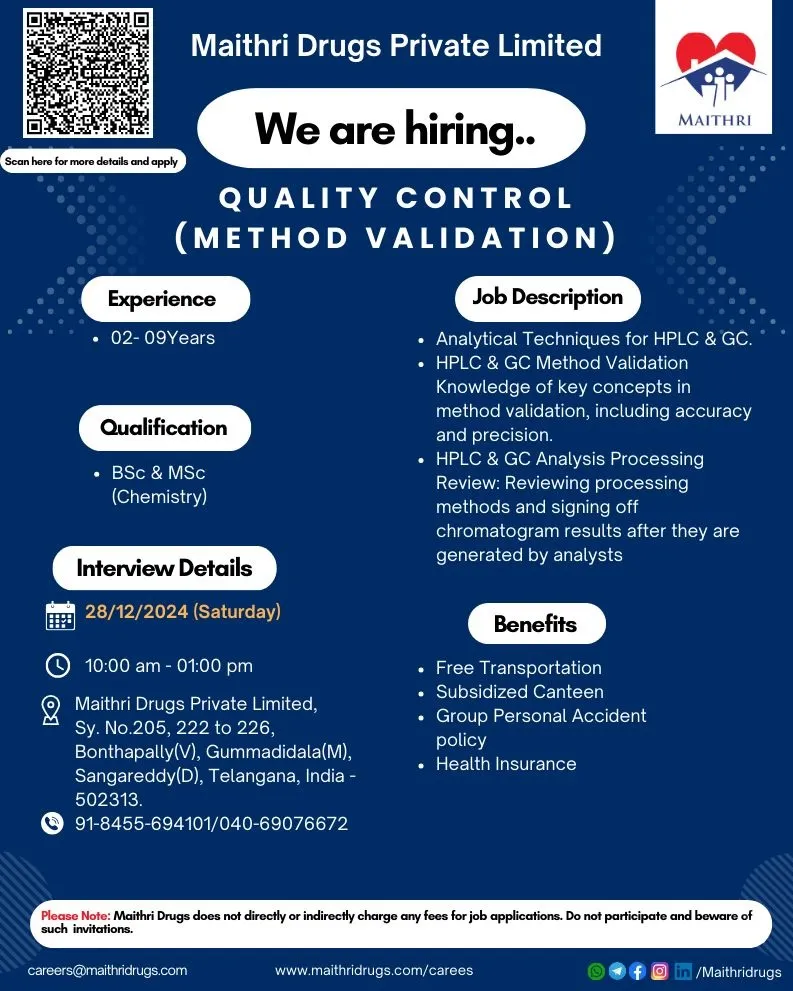 Maithri Drugs Hiring for Quality Control