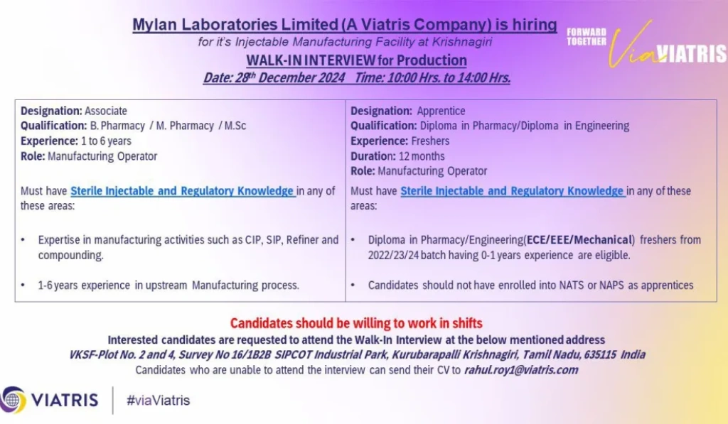 Mylan Laboratories – Walk-In Interview
