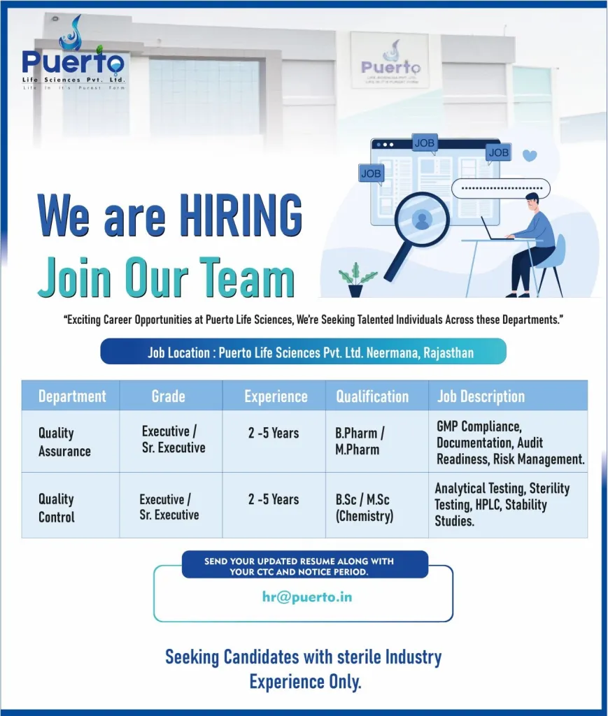 Puerto Life Sciences – Urgent Job Openings