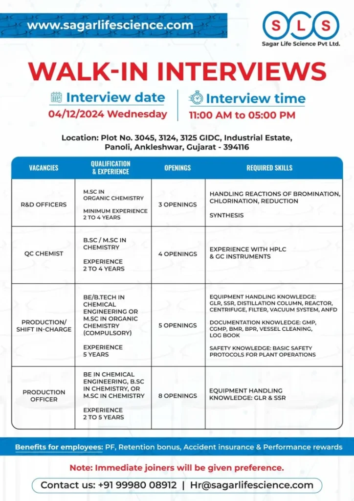 Sagar Life Sciences Walk in interview