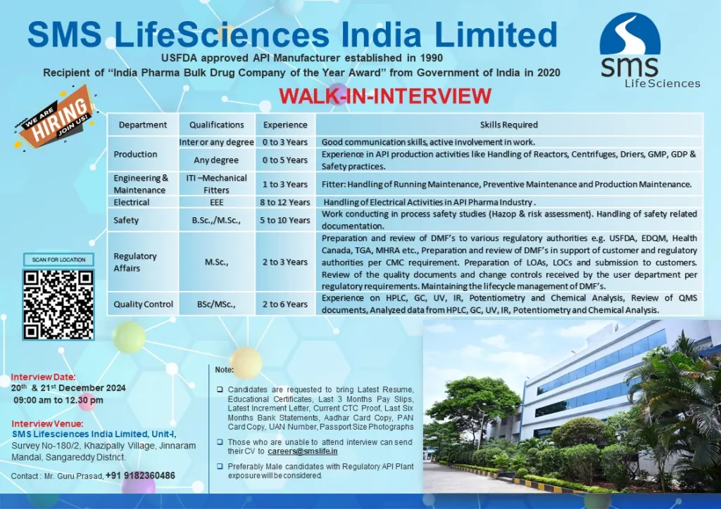 SMS LifeScience India Walk in