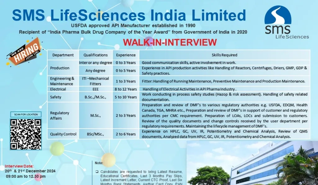 SMS LifeScience India Walk in