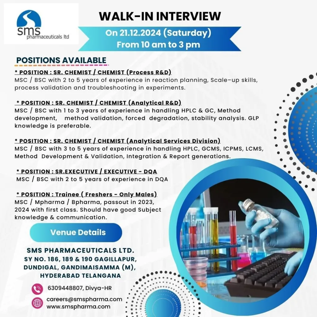 SMS Pharmaceuticals Ltd – Walk-In Interviews