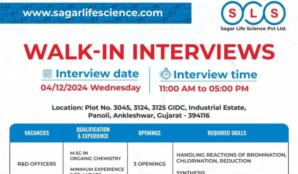 Sagar Life Sciences Walk in interview