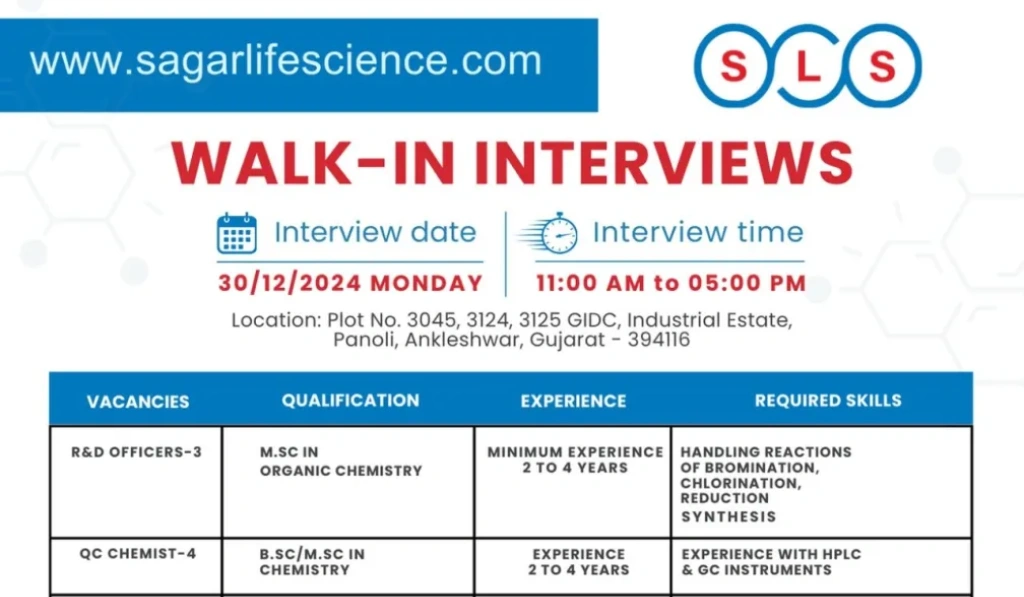 Sagar Life Sciences – Walk-In Interviews