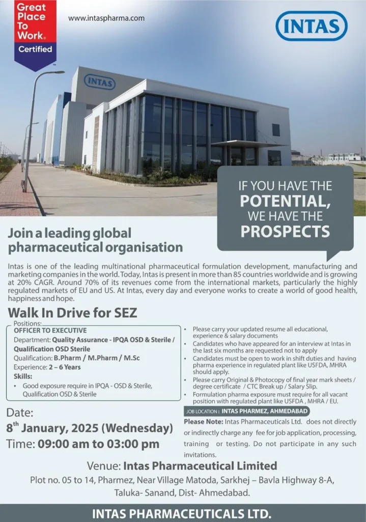 Intas Pharmaceuticals – Walk-In Drive for QA