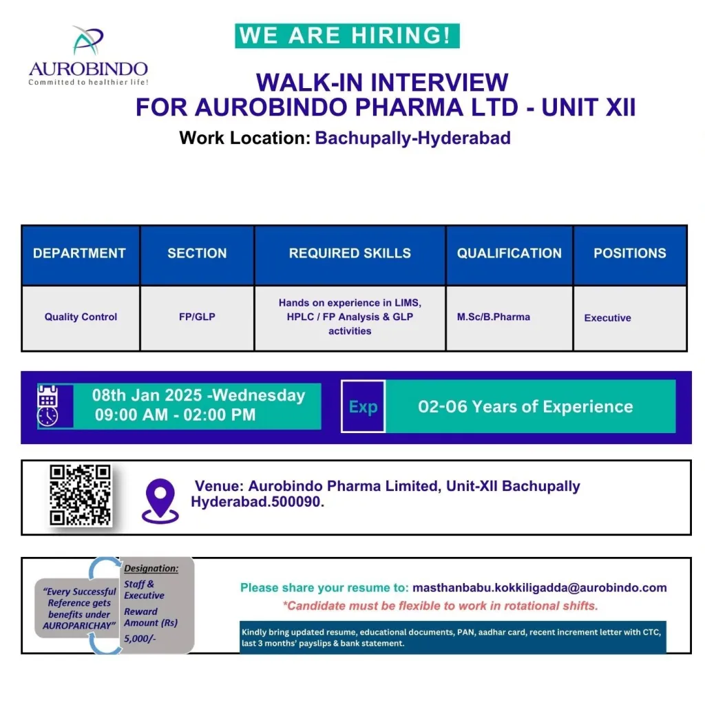 Aurobindo Pharma – Walk-In Interview