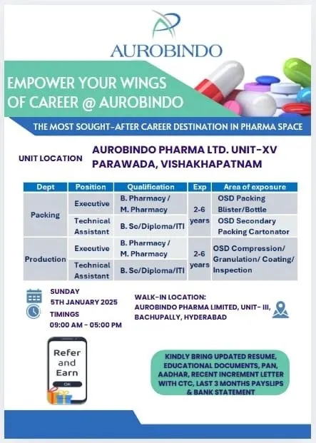 Aurobindo Pharma – Walk-In Interview for Production & Packing