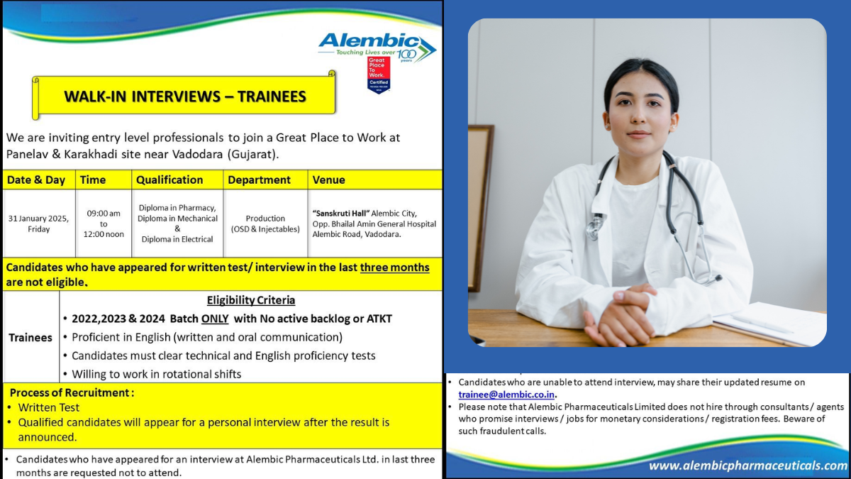 Alembic Pharmaceuticals Limited - WALK-IN INTERVIEWS FOR TRAINEES